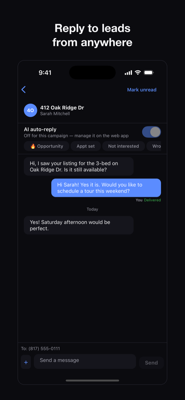 Volume Reach mobile app — replying to a lead's text thread